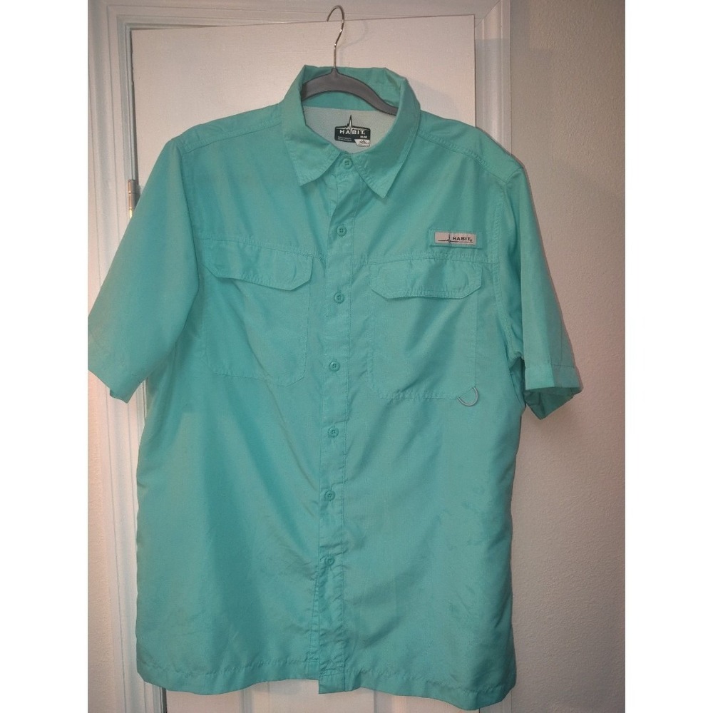 Habit Mens Short Sleeve Fishing Shirt Teal Aqua UPF 40+ Vented Mesh Back Medium